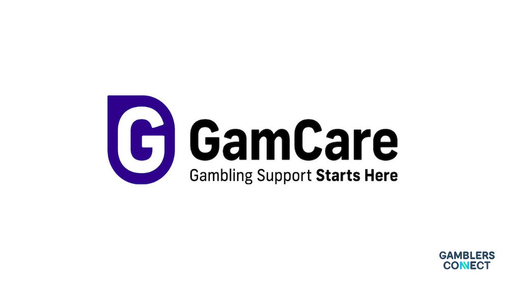 The purple and black corporate logo layout of the gambling support organization GamCare on a solid white canvas backdrop.