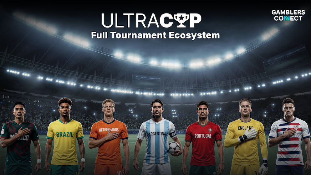 A panoramic digital graphic showing seven football players dressed in different national team jerseys standing side-by-side inside an illuminated stadium beneath text reading ULTRACUP Full Tournament Ecosystem.