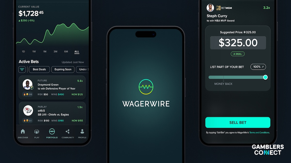 The central home dashboard of the WagerWire mobile trading app showing active bet folios, current values, and consumer liquidity trackers.