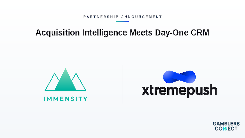 A corporate B2B announcement layout displaying the green mountain-shaped logo of Immensity on the left and the blue infinity-loop logo of Xtremepush on the right, on a clean white background.