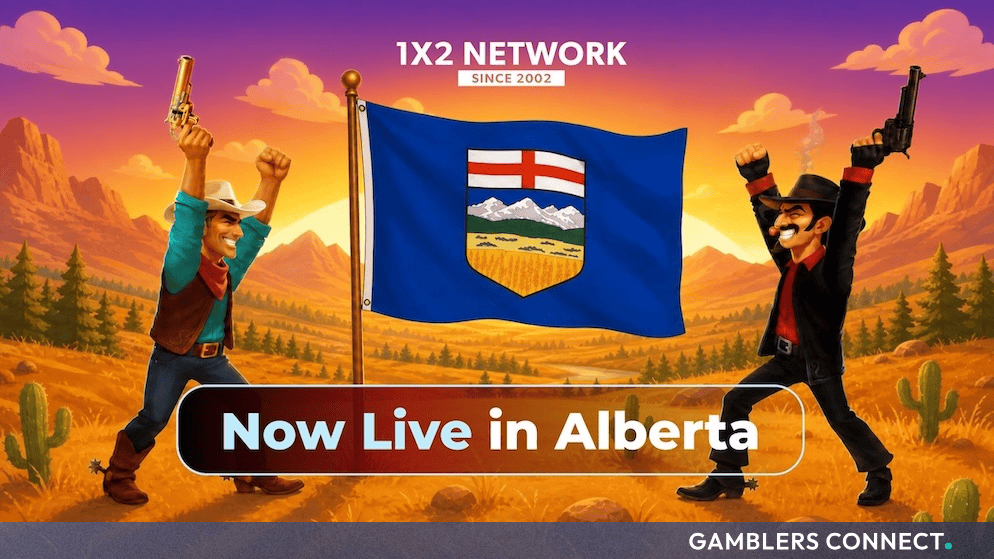 Graphic banner displaying 1X2 Network branding and the Alberta flag for the new iGaming market rollout.