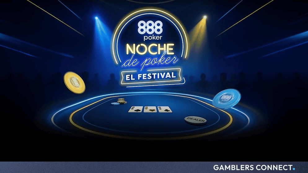 Promotional graphic for the 888poker Noche de Poker El Festival displaying neon tour branding over a poker table with cards and chips.