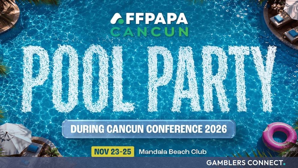 Promotional graphic for the AffPapa Conference Cancun 2026 pool party at Mandala Beach Club, featuring text over a swimming pool background.