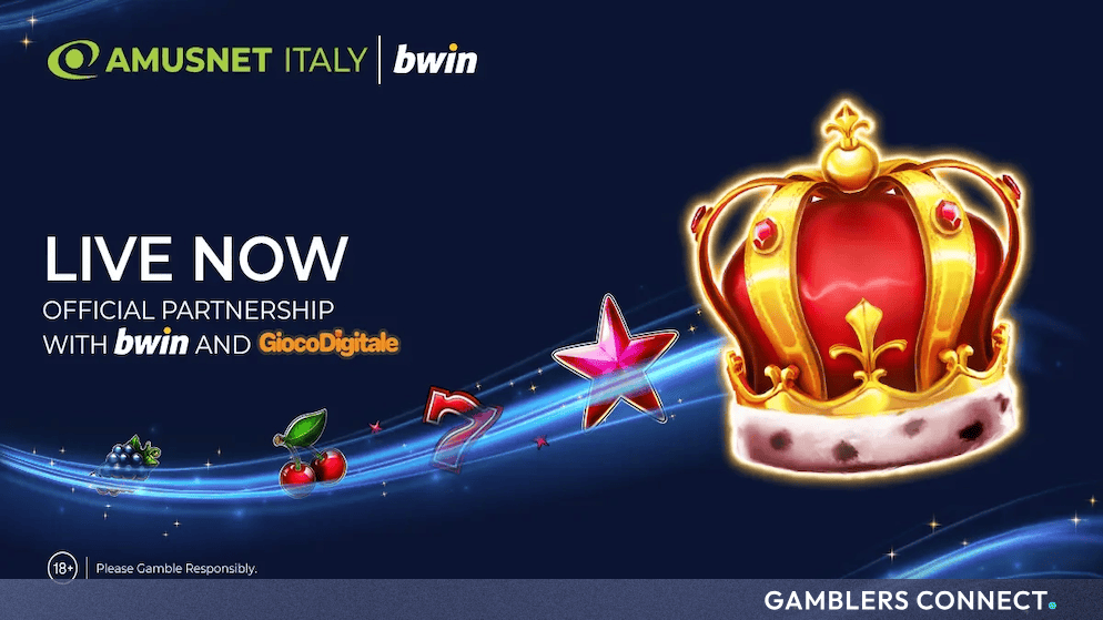 Commercial launch graphic displaying slot icons including cherries, grapes, and a lucky number seven drifting toward a massive golden crown symbol.