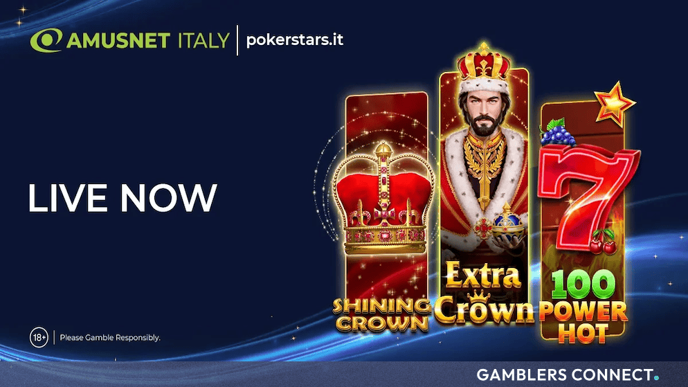 Commercial launch banner showcasing featured slot titles from Amusnet Italy now live for regional PokerStars players.