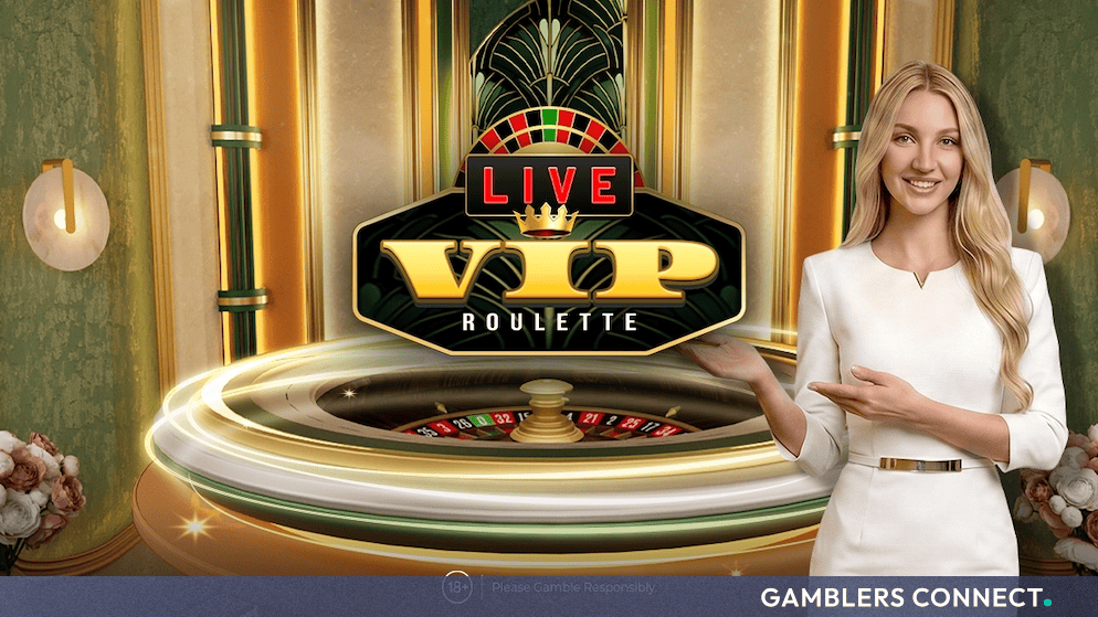 The official logo for Amusnet VIP Live Roulette presented alongside a real-time table dealer, showcasing the luxury studio layout.