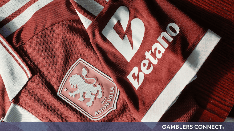 Detailed view of the Aston Villa jersey featuring Betano as the official sleeve partner.