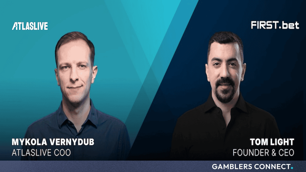 Portrait image featuring Mykola Vernydub, COO at Atlaslive, and Tom Light, Founder & CEO at FIRST.bet, announcing their strategic partnership.