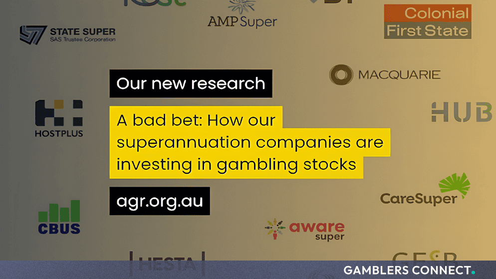 Research presentation slide detailing superannuation fund holdings and responsible investment gaps in gambling stocks.