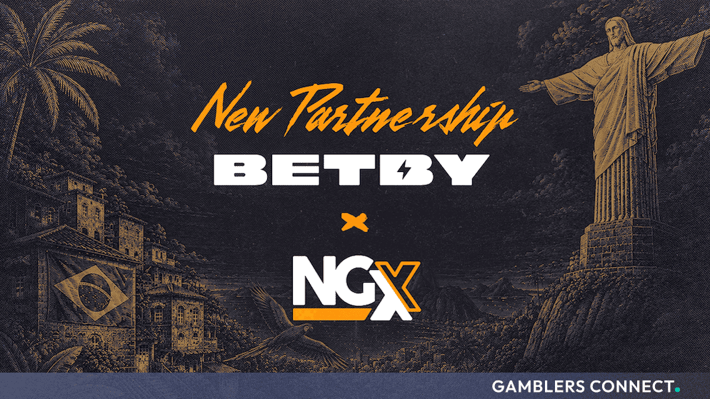 Promotional graphic featuring the BETBY and NGX logos with the text "New Partnership" against an artistic backdrop of Rio de Janeiro.