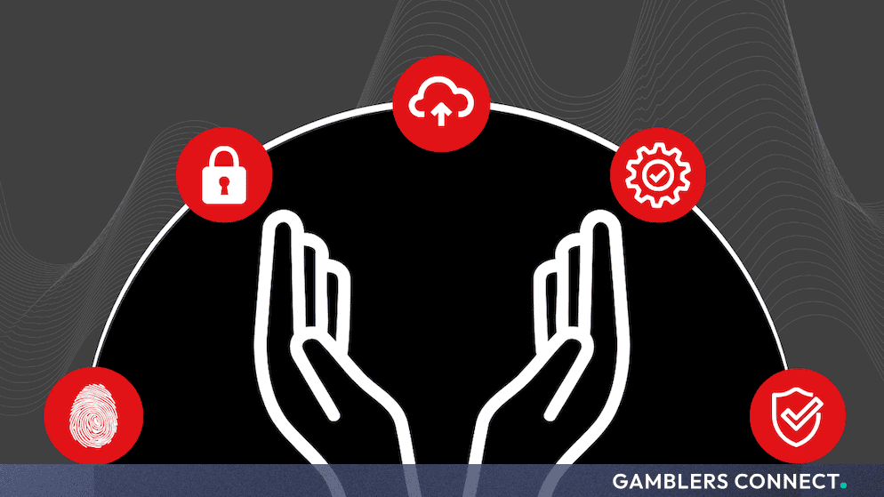 Graphic illustration featuring security, privacy, and cloud icons above cupped hands, representing data protection and SOC 2 compliance.
