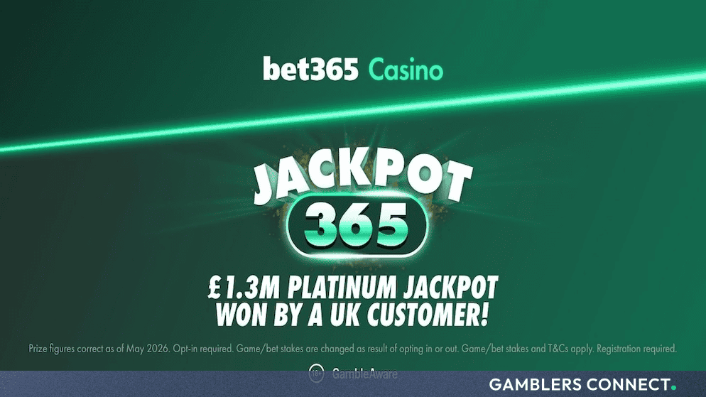 bet365 Casino Player Secures £1.3M Payout on 10p Jackpot365 Progressive Side Bet 1 Official Jackpot365 branding banner by bet365, announcing a major multi-million pound progressive win by a domestic player.