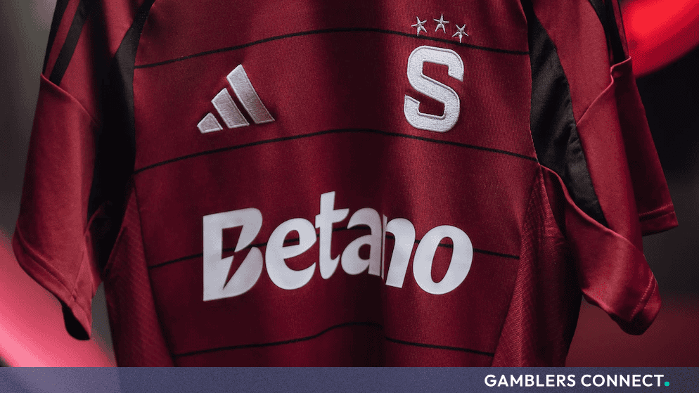Detailed view of the white Betano logo on Sparta Praha's official match kit, illustrating sports brand integration and commercial football partnerships.