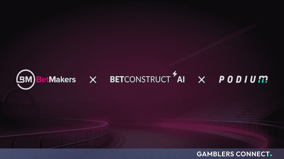 Official partnership graphic displaying the BetMakers, BetConstruct AI, and Podium logos over a dark purple racetrack background.