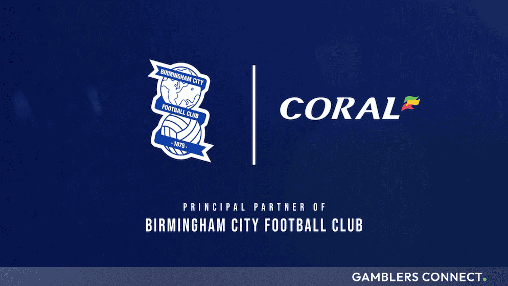 Official partnership graphic displaying the Birmingham City FC crest alongside the Coral logo over a blue background.
