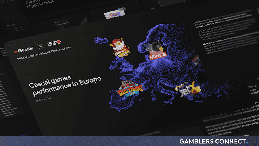 Digital dashboard visualization displaying the Blask and 100HP casual games performance report map of Europe alongside data charts.