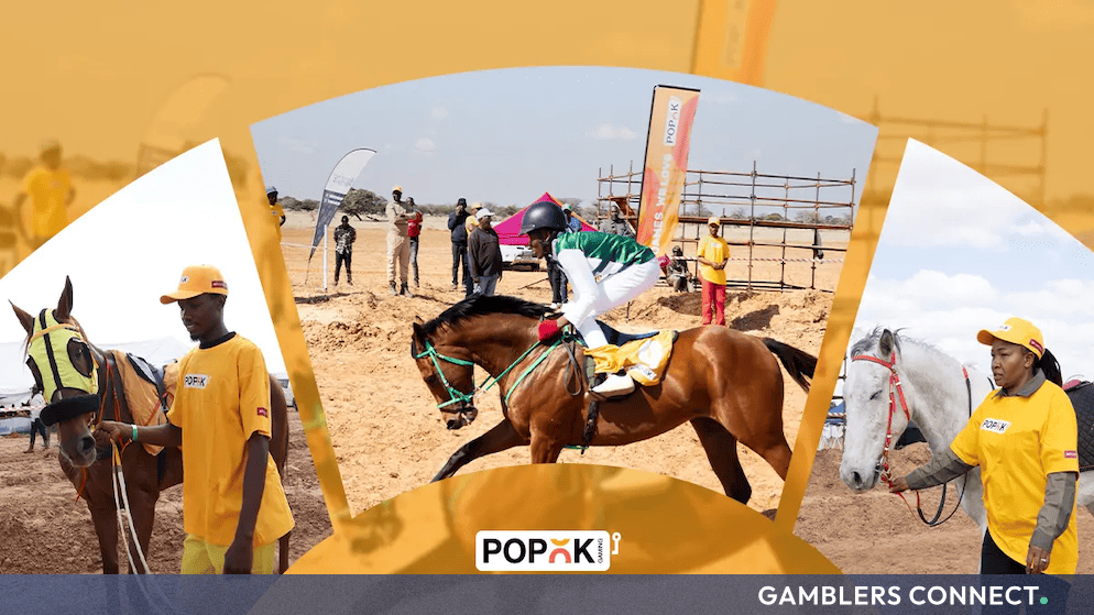 PopOK Gaming Backs Record-Breaking TT Cup Challenge Horse Racing Event in Botswana 1 Commercial event collage highlighting PopOK Gaming's promotional materials and localized staff outfits at the record-breaking horse racing challenge.