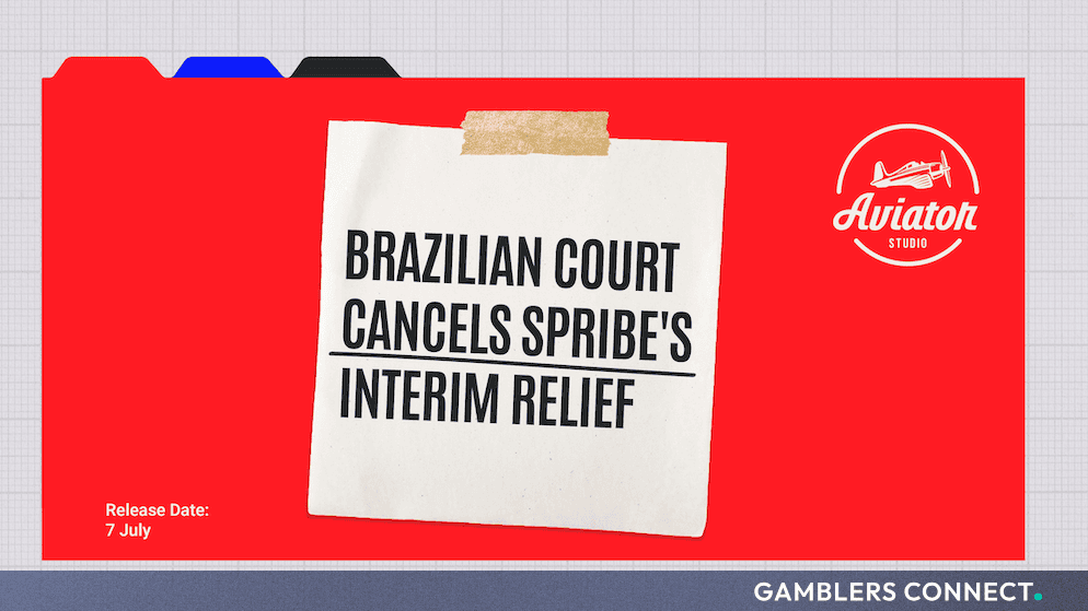 Legal announcement banner detailing the trademark dispute and preliminary relief cancellation for Spribe OÜ in Brazil.
