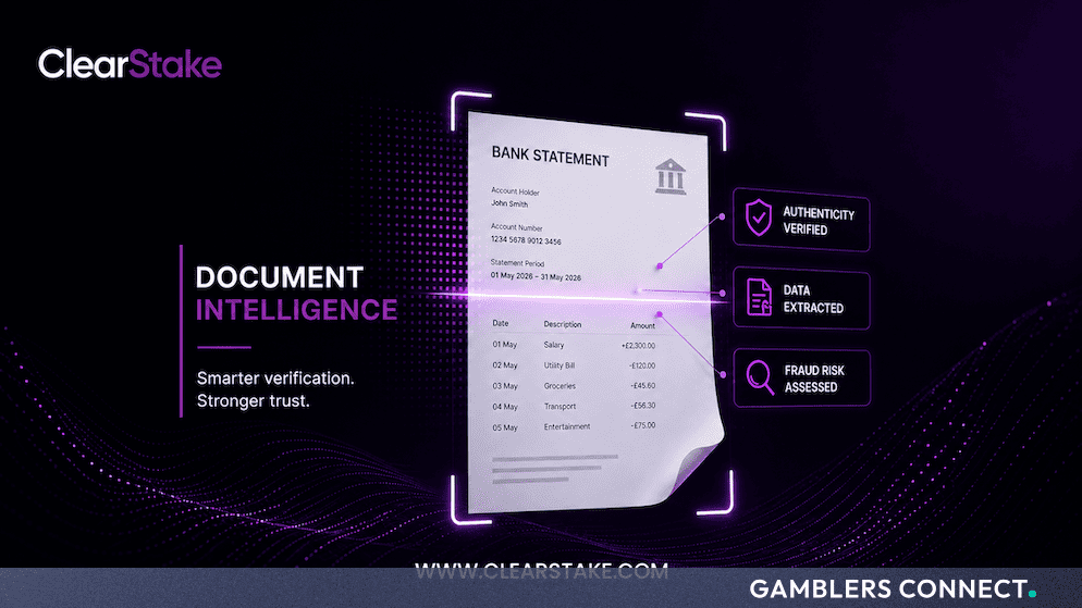 Promotional graphic for ClearStake Document Intelligence displaying bank statement verification, authenticity checks, and data extraction features over a purple background.