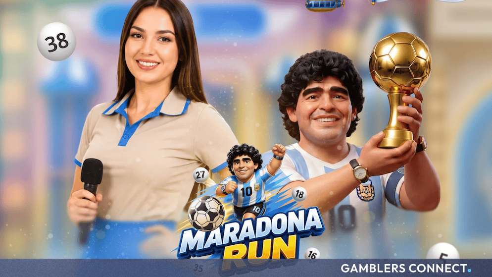 The official promotional banner for the licensed Maradona Run live game show, showcasing its football-inspired visual identity.