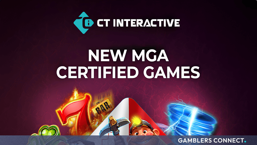 Official CT Interactive promotional graphic highlighting new MGA certified games alongside game characters and the Maltese flag.