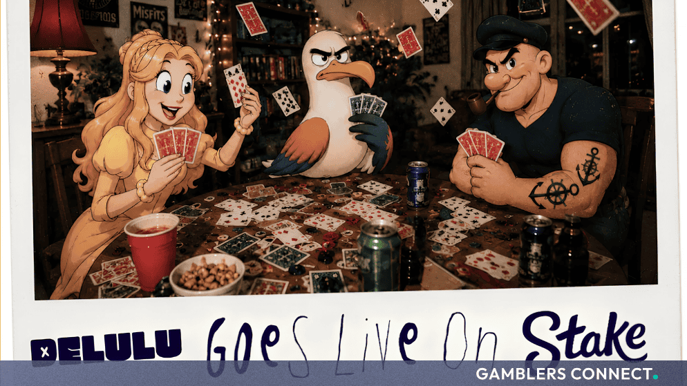 A stylized promotional graphic displaying classic cartoon characters playing card games, marked with a handwritten DELULU Goes Live on Stake banner at the bottom.