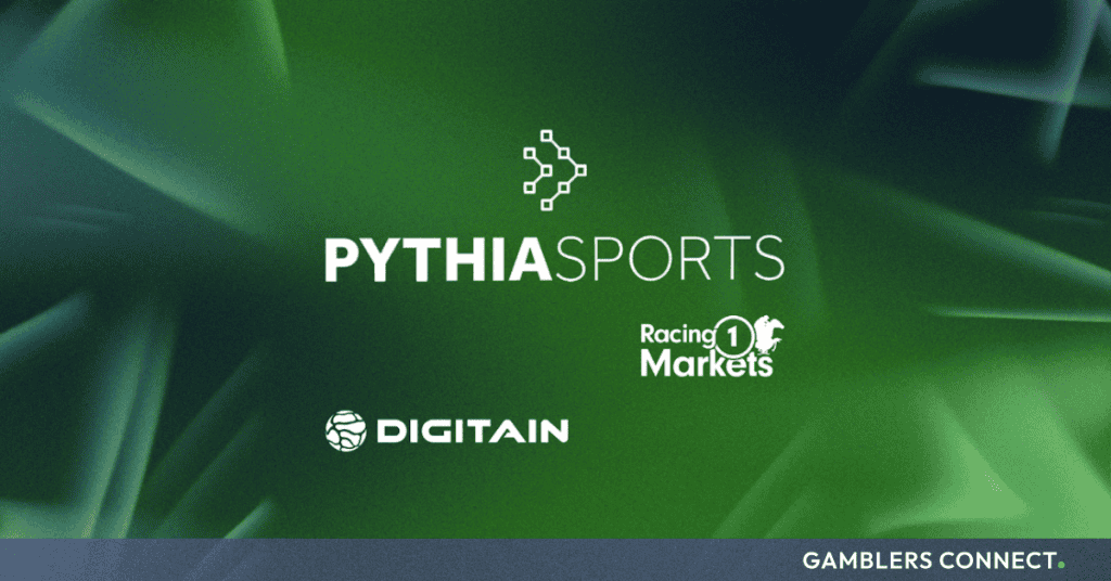 Official corporate graphic displaying the Pythia Sports, Racing1 Markets, and Digitain logos over a green digital background.