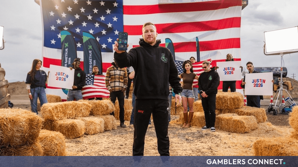 Behind-the-scenes promotional set photo featuring Justin Gaethje and the "JUSTIN 2026" campaign crew.