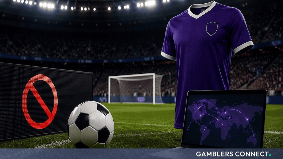 Entain Backs Government Plans to Ban Sports Sponsorships by Unlicensed Gambling Operators 1 A visual representation of sports sponsorship restrictions, featuring a stadium ban sign, a football kit, and digital network tracking.