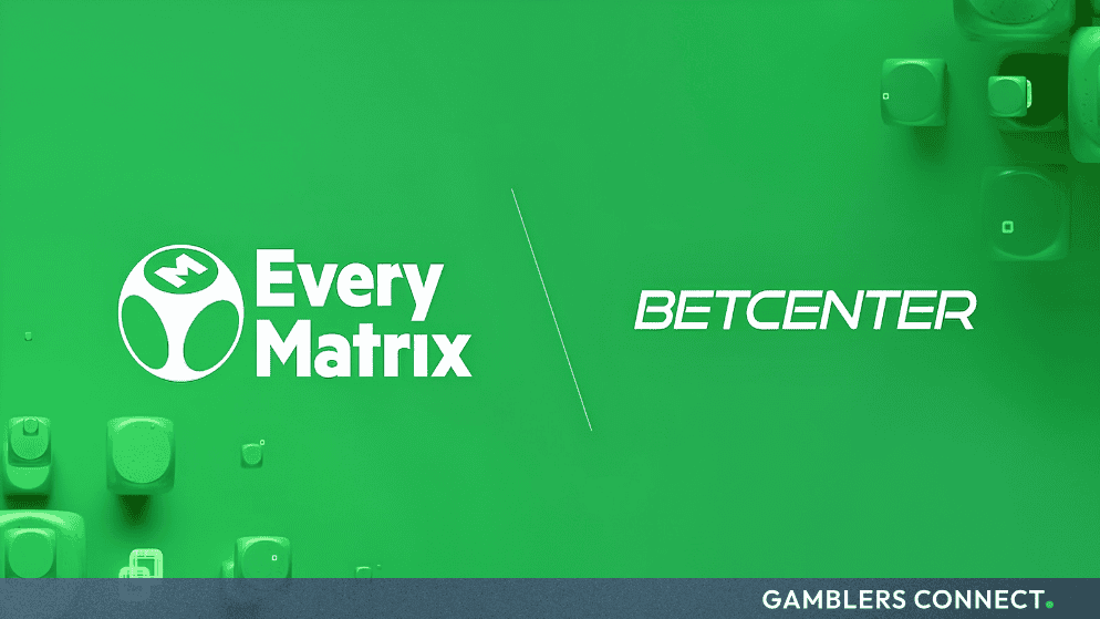 EveryMatrix and Betcenter brand marks divided by a white line, illustrating the Belgian retail and online sportsbook migration project.