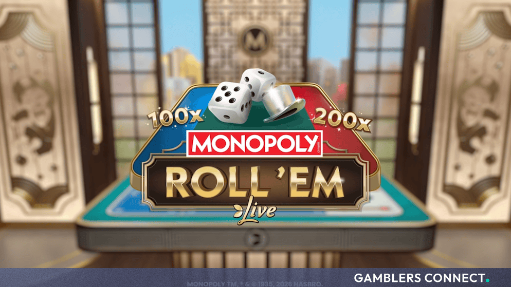 Evolution Unveils ‘MONOPOLY Roll ’em’ Live Dice Game in Strategic Partnership with Hasbro 1 The official title logo of the live casino game show "MONOPOLY ROLL 'EM Live", showing two white dice and a silver top hat resting on a green board space. The central logo is flanked by text reading "100x" on a blue banner and "200x" on a red banner, set against a blurred studio background with gold geometric panels.