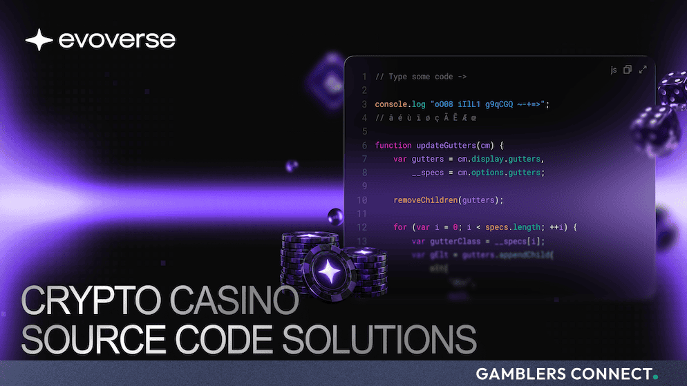 Promotional graphic for Evoverse displaying code editing interfaces, glowing chips, and dice over a purple background representing crypto casino solutions.