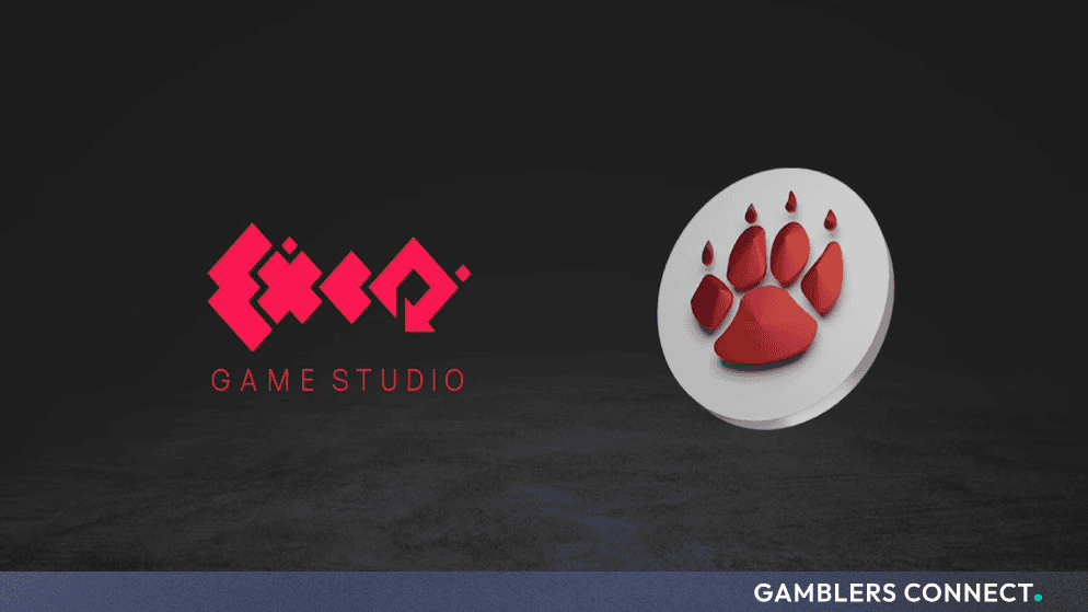 A corporate graphic set against a dark grey stone background. On the left is the pink geometric EXCO Game Studio logo with its name written below in a sans-serif font. On the right, a circular 3D silver coin floats in the air, decorated with an embossed red animal paw print.