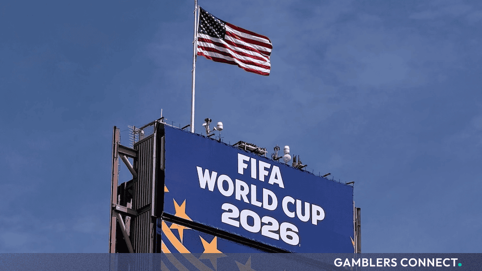 An official FIFA World Cup 2026 promotional sign erected at a United States host stadium, tracking the road to the final.