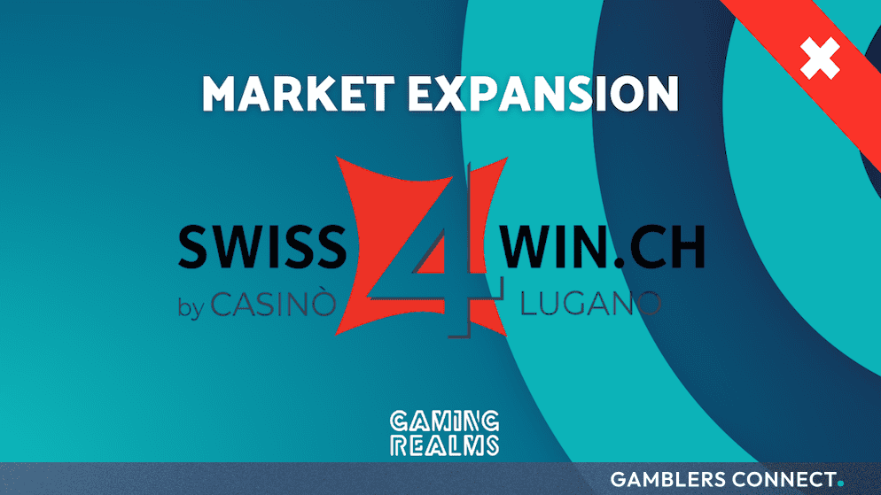 The official market expansion graphic for Gaming Realms' partnership with Swiss4win.ch by Casinò Lugano.