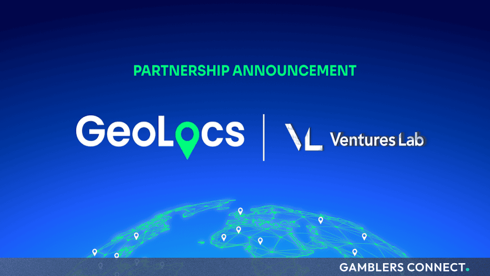 Partnership announcement graphic displaying the GeoLocs and Ventures Labs logos over a blue background with a global network map.