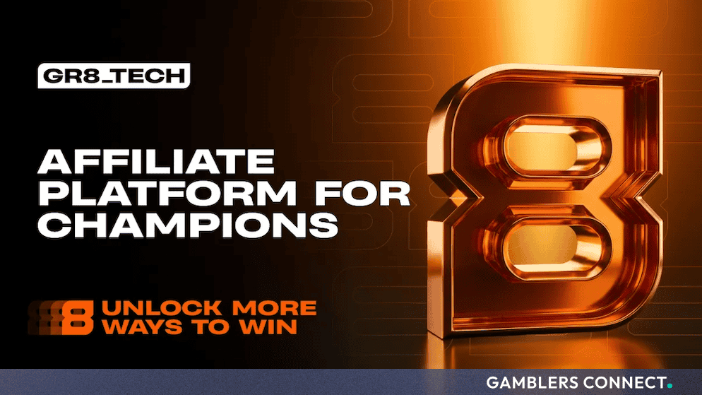 Promotional graphic featuring the GR8_TECH logo and a large golden number 8 with text reading "Affiliate Platform for Champions".