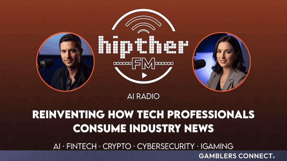 Promotional banner for HIPTHER.FM featuring AI radio hosts Marcus and Nova alongside the station logo and text highlighting tech and industry news.