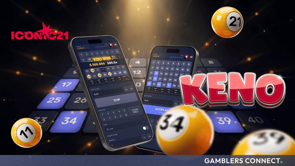 Mobile screens showing the game layout and UI elements of ICONIC21's Keno slot game, illustrating cross-platform optimization.