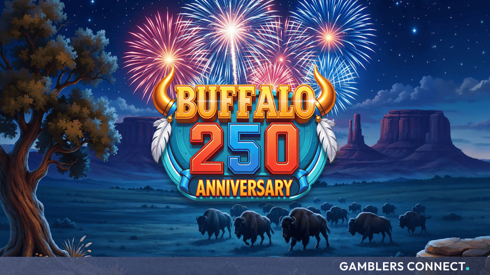 A wide landscape marketing banner displaying the detailed visual design and festive thematic backdrop of the Buffalo 250 Anniversary slot machine.