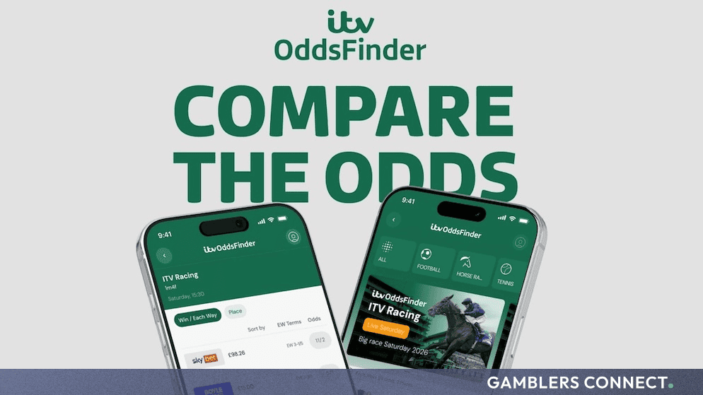 Promotional graphic displaying the ITV OddsFinder logo and text reading "Compare the Odds" alongside two smartphones showing the app interface.