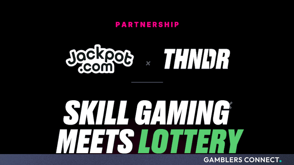 Official partnership banner for Jackpot.com and THNDR, illustrating the blend of skill-based tournament titles with traditional lottery courier platforms.