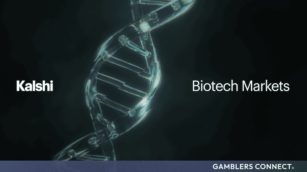 Kalshi and AppliedXL Partner to Launch First Public Prediction Markets for Drug Development and FDA Decisions 1 A glass-like, glowing DNA double helix structure against a dark background, flanked by the white text "Kalshi" on the left and "Biotech Markets" on the right.