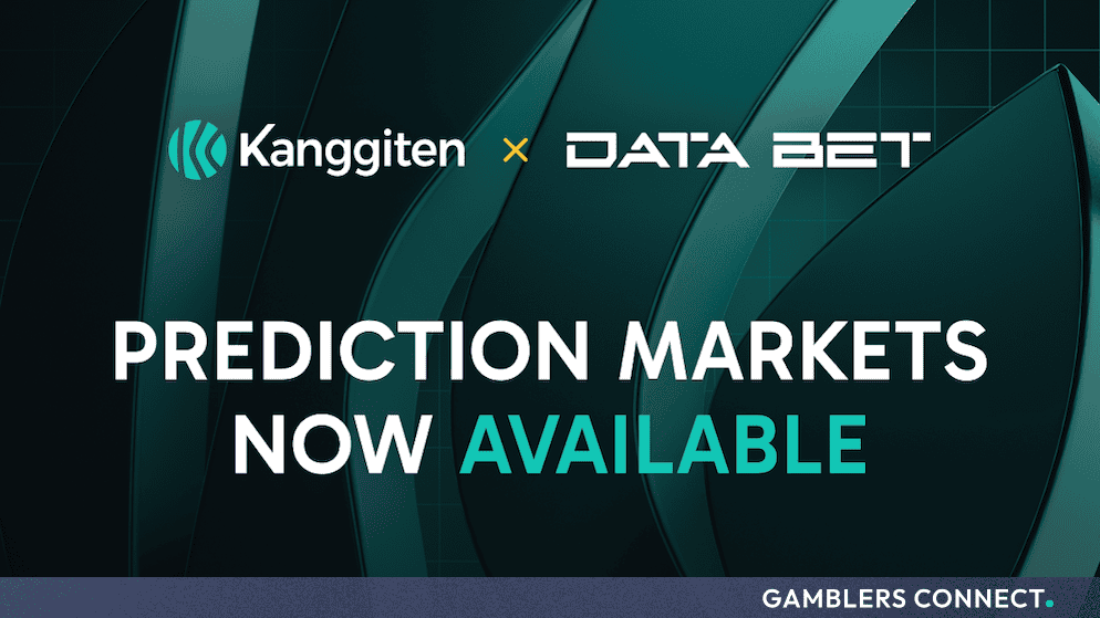 Promotional graphic featuring the Kanggiten and DATA.BET logos with text reading "Prediction Markets Now Available" against a dark background.