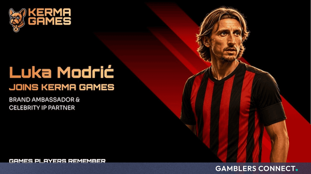 Official announcement graphic featuring Luka Modrić in a red and black striped jersey alongside the Kerma Games logo and text reading "Luka Modrić Joins Kerma Games".