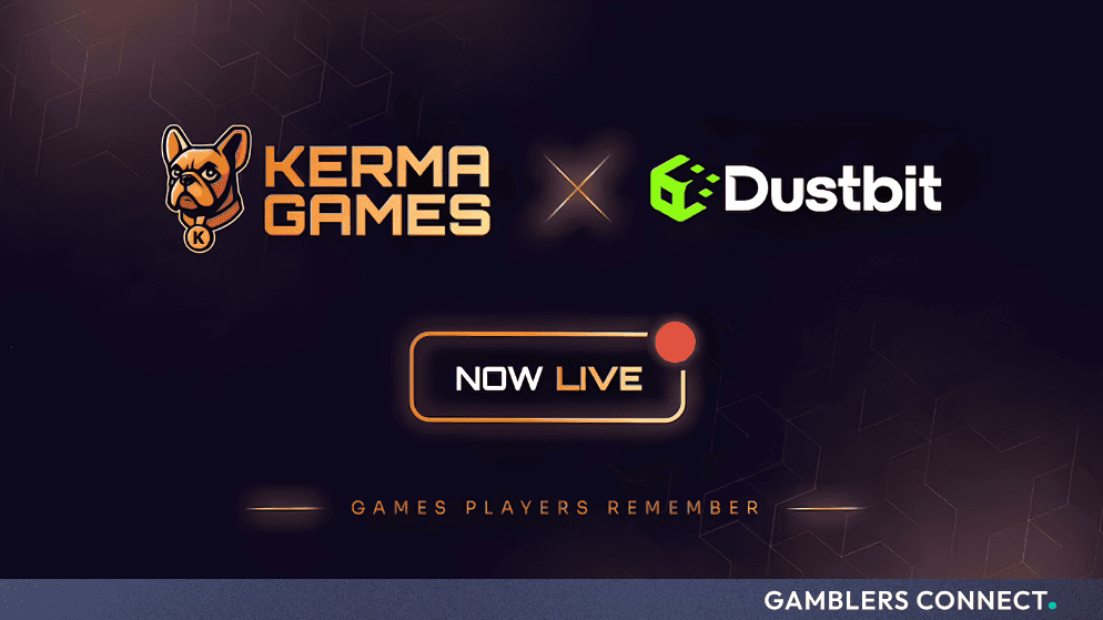 Kerma Games Enters Crypto Sector with Exclusive Dustbit Partnership 1 Co-branded B2B partnership announcement graphic showing the Kerma Games french bulldog logo next to the green and white Dustbit logo, accented by an orange "Now Live" notification asset in the center.
