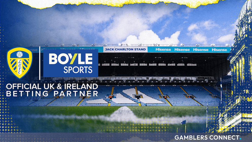 Official partnership graphic featuring the Leeds United crest and BOYLE Sports branding over an image of Elland Road Stadium.