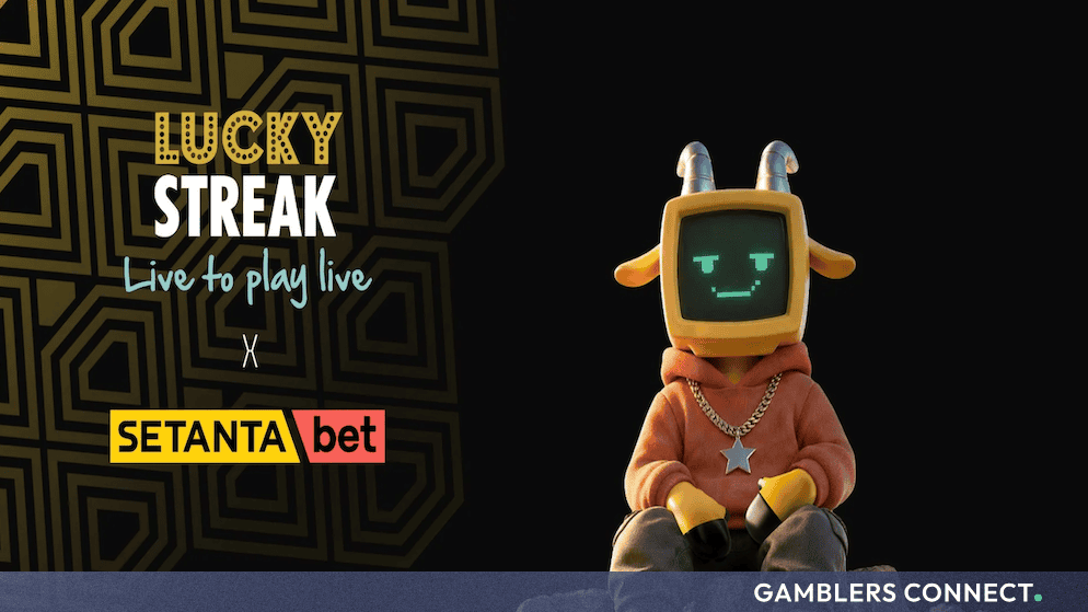 he official graphic representing the commercial alliance between LuckyStreak and SetantaBET, featuring the "GOAT CLUB" mascot on a rocky cliff.