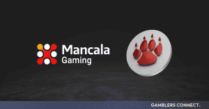 A sleek promotional graphic featuring the colorful Mancala Gaming logo alongside a metallic circular token embossed with a 3D red paw print against a dark, textured background.