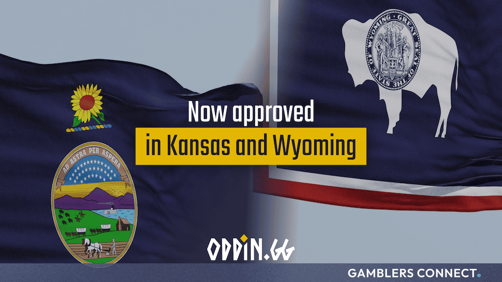 Promotional graphic featuring the flags of Kansas and Wyoming with text reading "Now approved in Kansas and Wyoming" alongside the Oddin.gg logo.